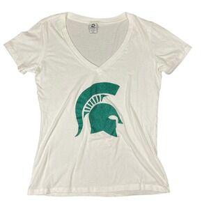 Michigan Spartans Womens 2XL Plus V Neck T Shirt White Green‎ Glitter Bling Logo